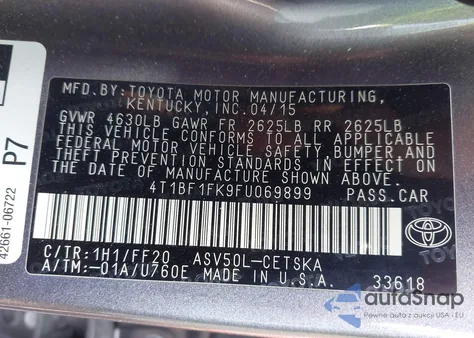 2015 Toyota Camry Se z USA, uszkodzony, nr VIN 4T1BF1FK9FU069899